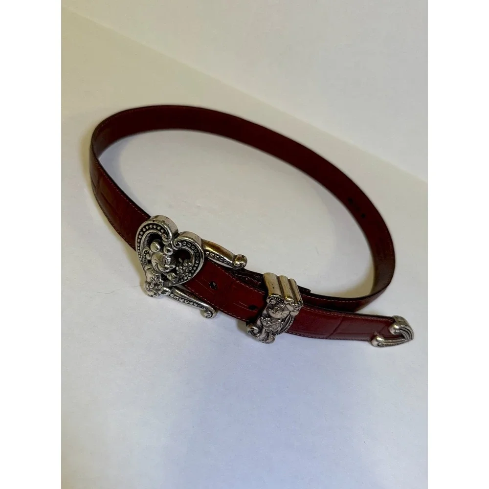 Brighton Disney Mickey Minnie Brown Leather Belt, Silver Heart Buckle Sz 26
